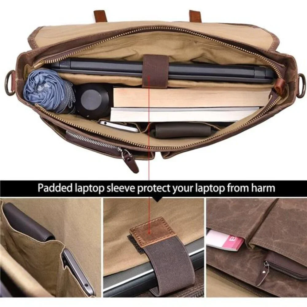 Mens Messenger Bag 15.6 Inch Waterproof Vintage Genuine Leather Waxed Canvas
